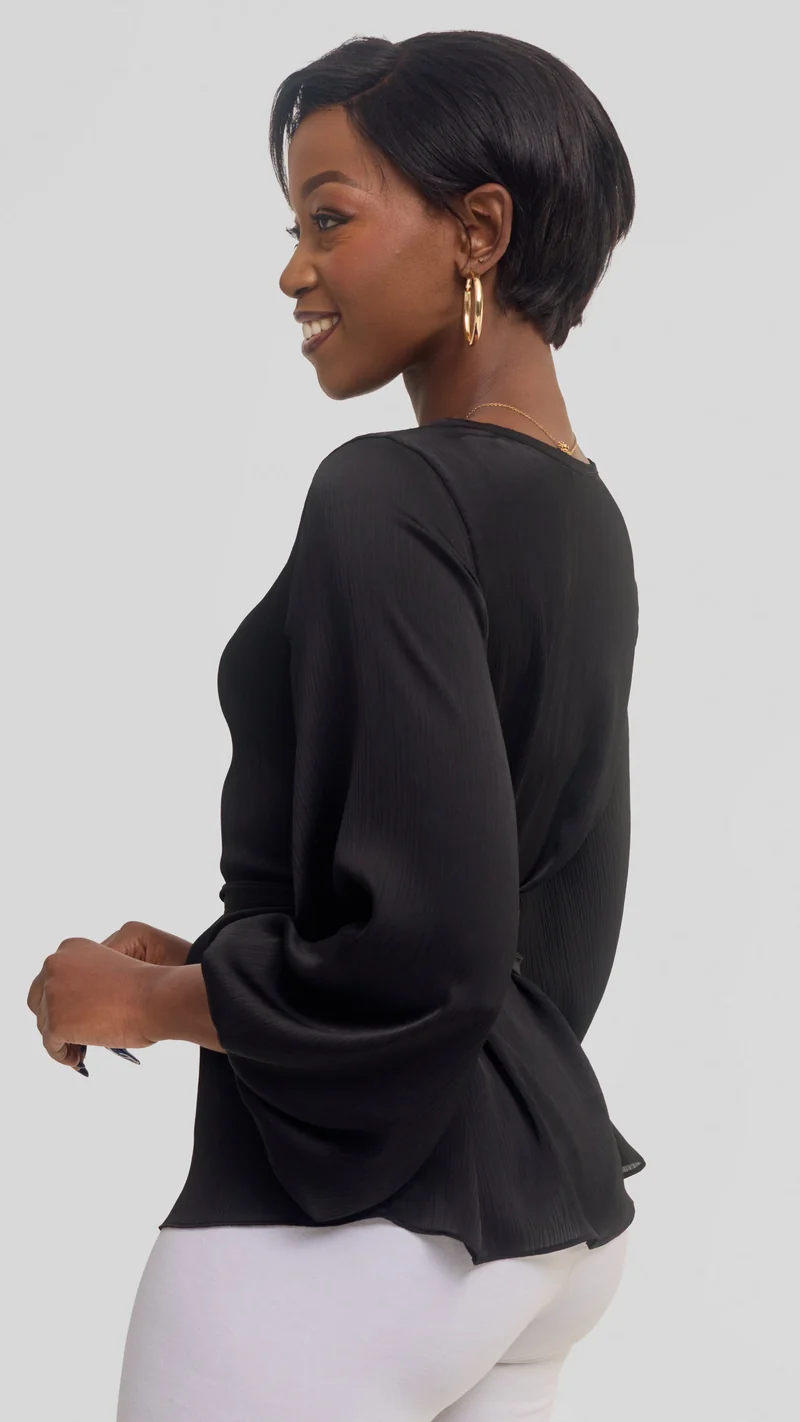 Vivo Izzy Bishop Sleeve Top in Textured Satin - Black