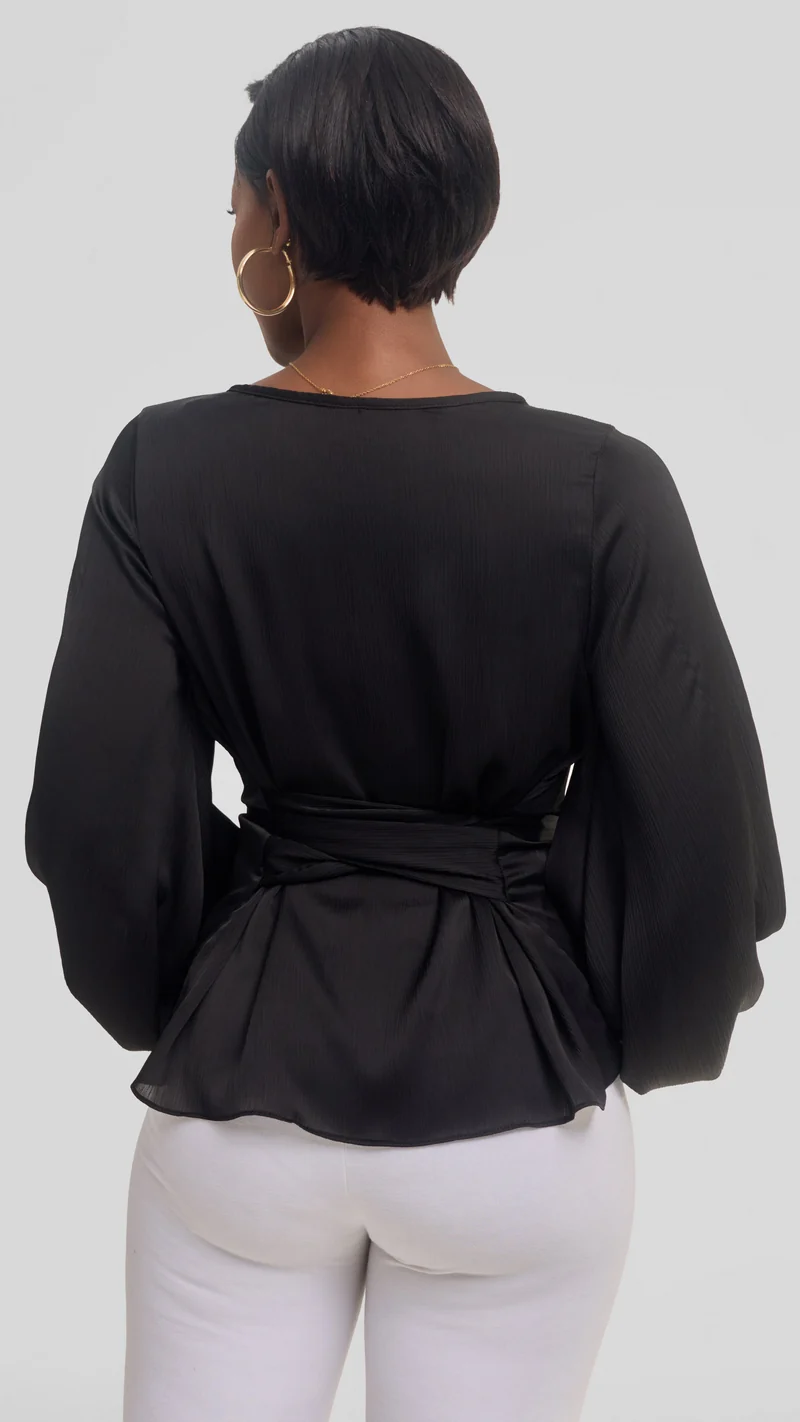 Vivo Izzy Bishop Sleeve Top in Textured Satin - Black