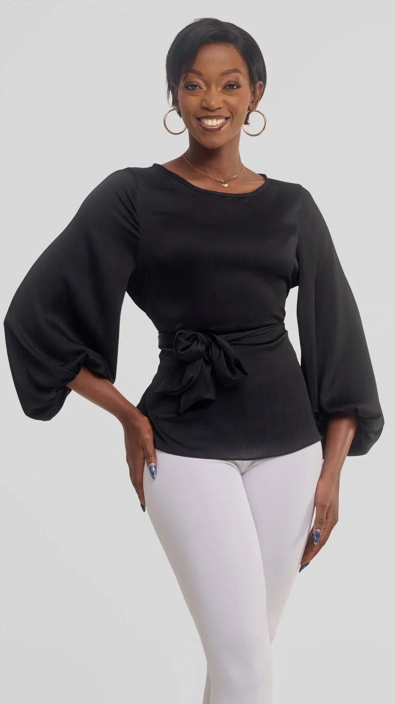 Vivo Izzy Bishop Sleeve Top in Textured Satin - Black