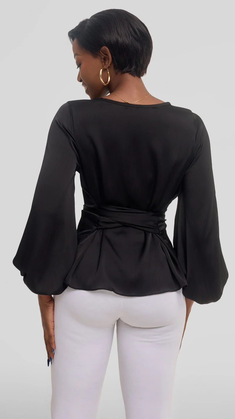 Vivo Izzy Bishop Sleeve Top in Textured Satin - Black