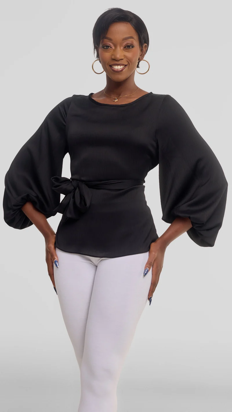 Vivo Izzy Bishop Sleeve Top in Textured Satin - Black