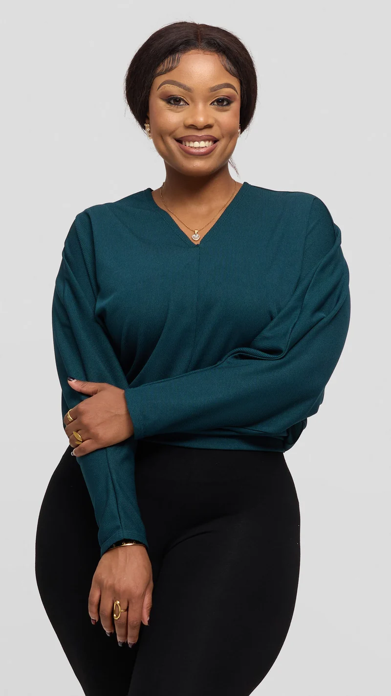 Vivo Tanda V-Neck Top in Stretch Rib - Dark Teal
