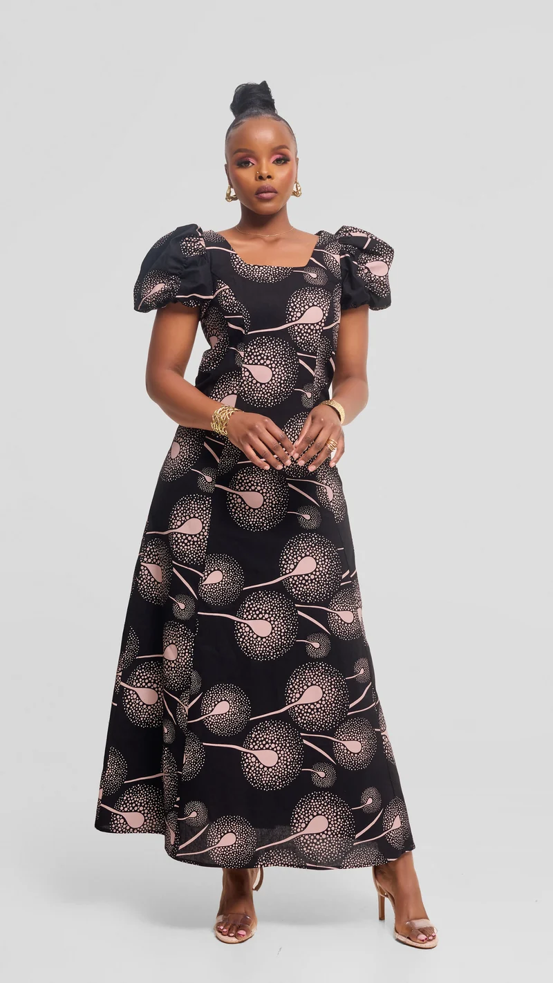 Vivo Puff Sleeeve A-Line Dress in Kitenge - Kaa Print