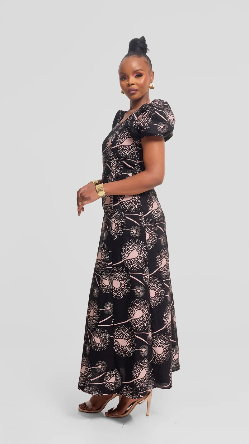 Vivo Puff Sleeeve A-Line Dress in Kitenge - Kaa Print