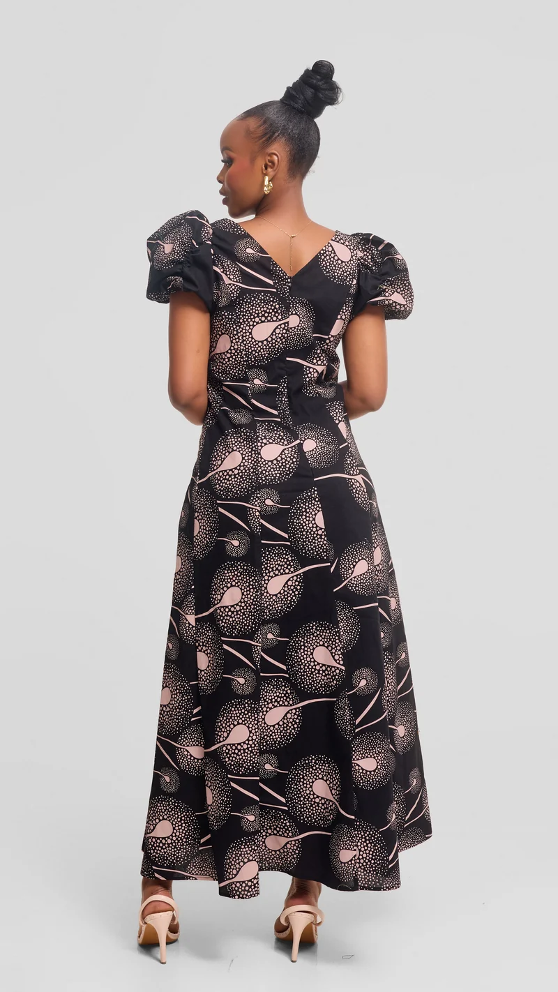 Vivo Puff Sleeeve A-Line Dress in Kitenge - Kaa Print