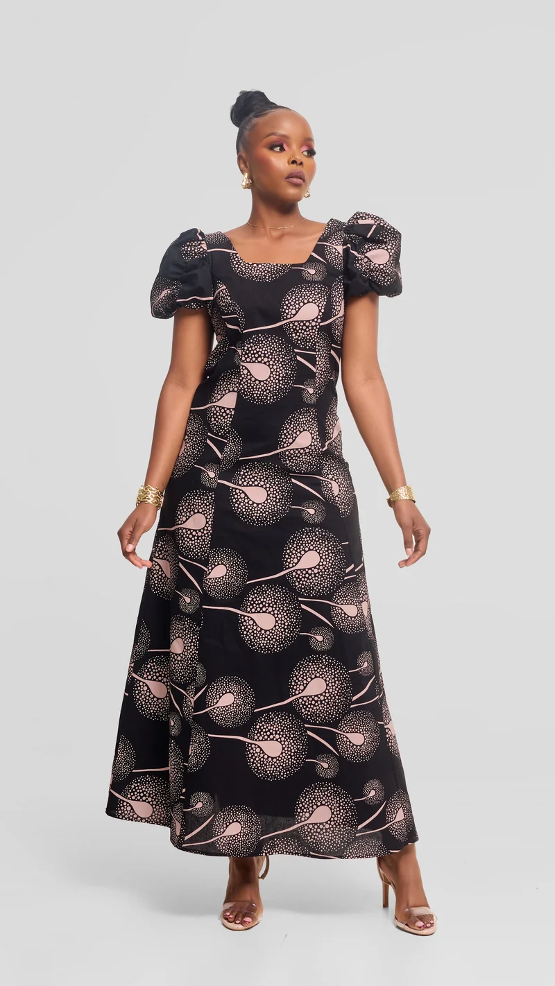 Vivo Puff Sleeeve A-Line Dress in Kitenge - Kaa Print