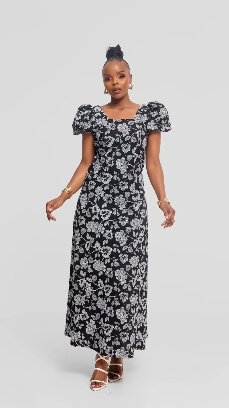 Vivo Puff Sleeeve A-Line Dress in Kitenge - Twiga Print