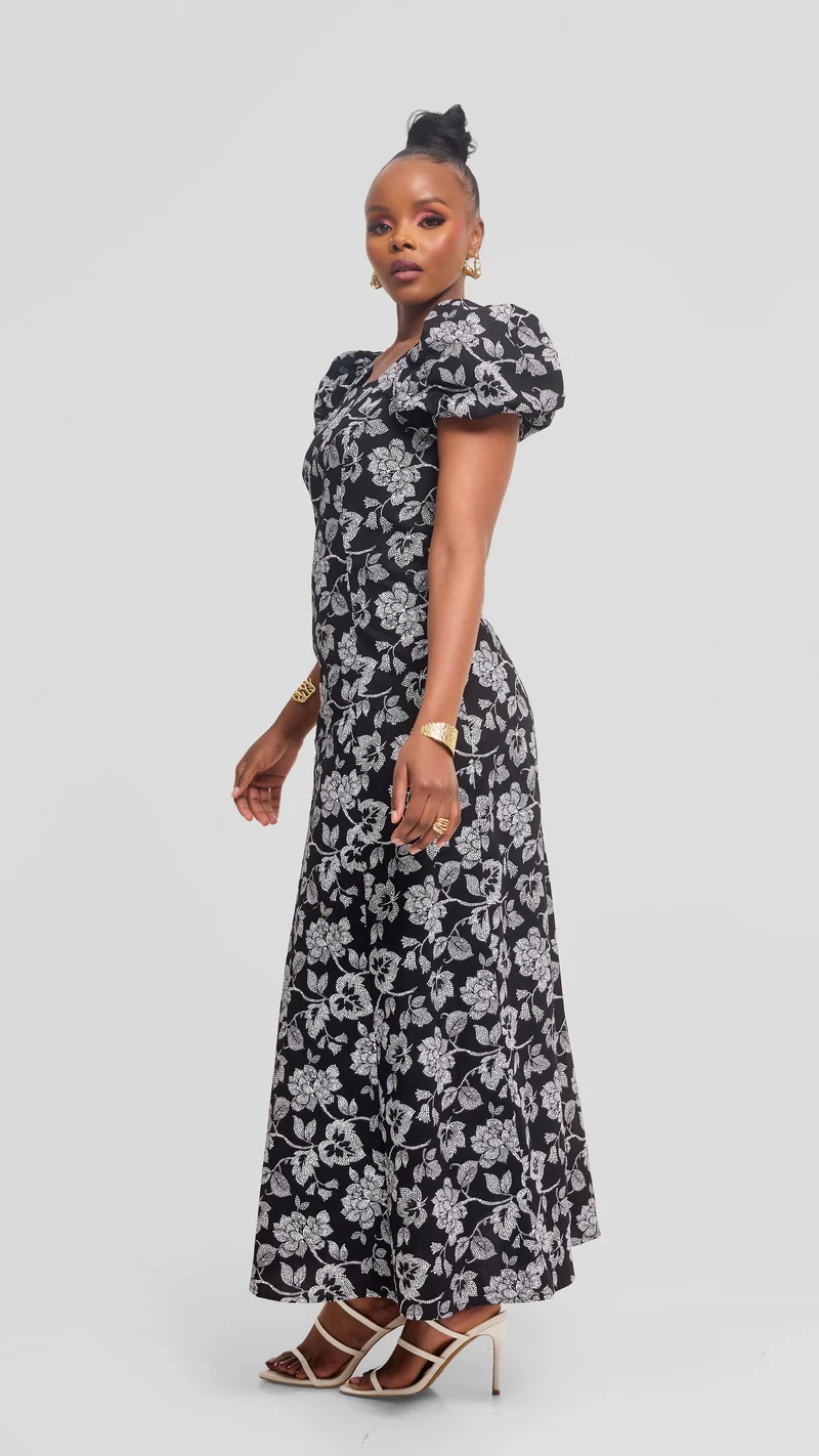 Vivo Puff Sleeeve A-Line Dress in Kitenge - Twiga Print