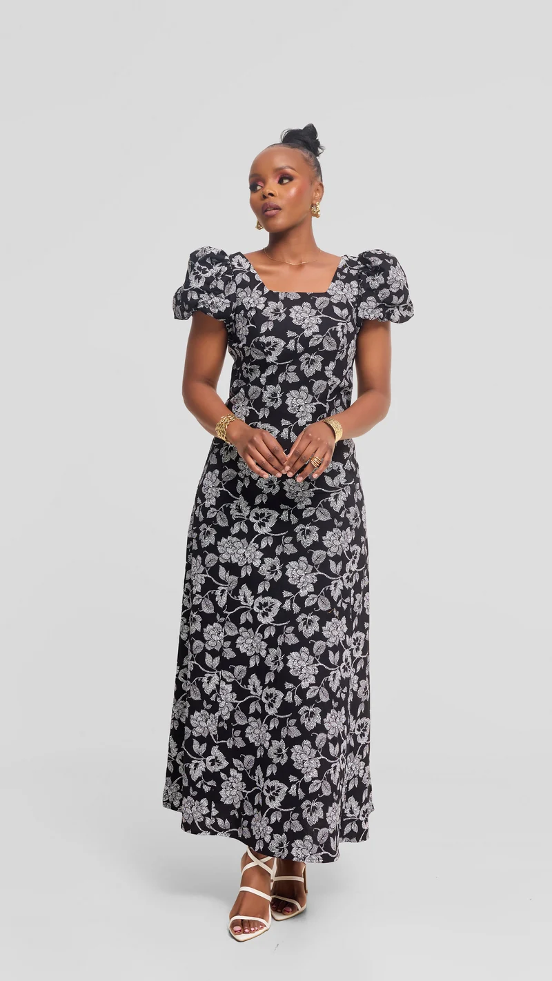Vivo Puff Sleeeve A-Line Dress in Kitenge - Twiga Print