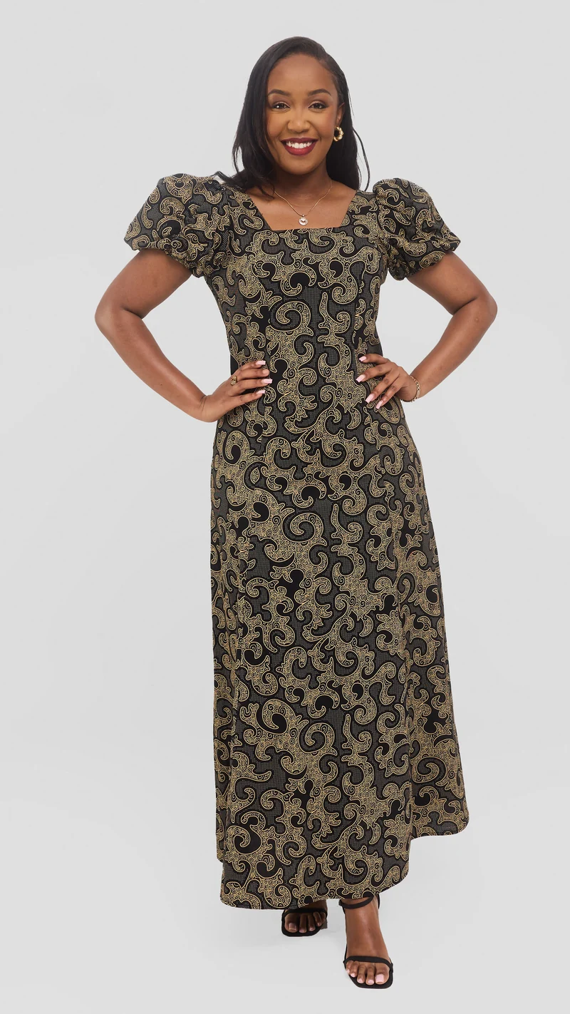 Vivo Puff Sleeeve A-Line Dress in Kitenge -Nyuzi Print