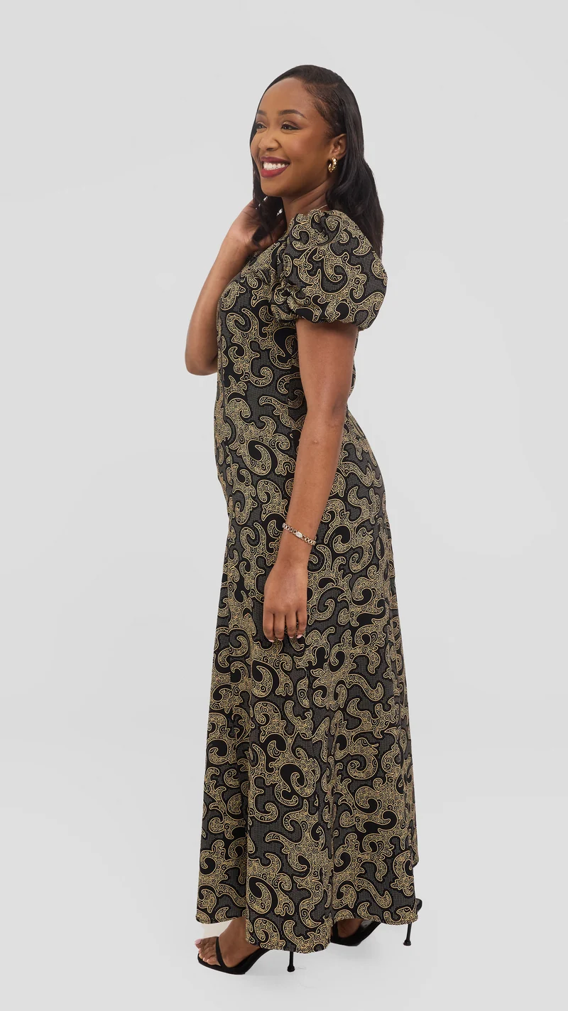 Vivo Puff Sleeeve A-Line Dress in Kitenge -Nyuzi Print