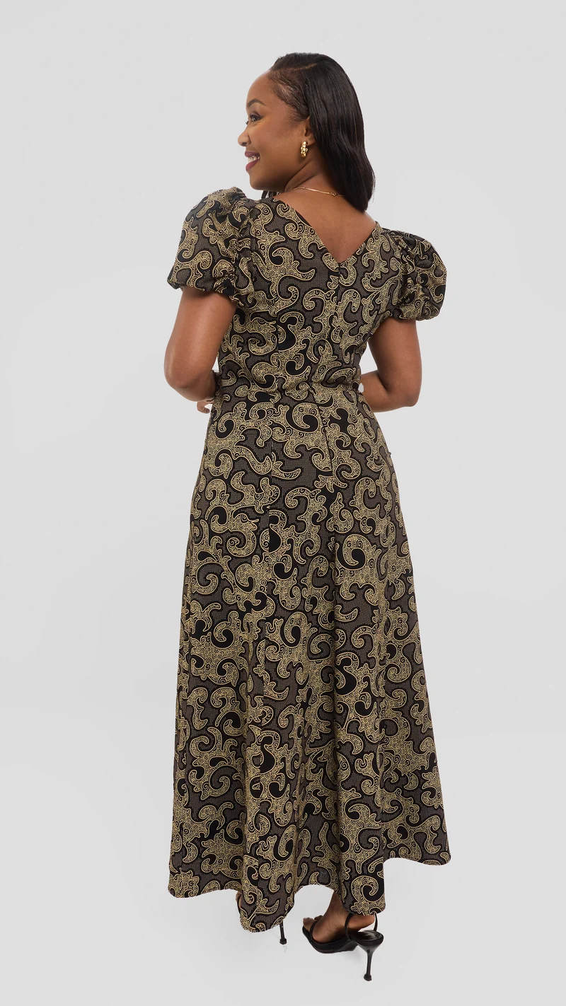 Vivo Puff Sleeeve A-Line Dress in Kitenge -Nyuzi Print