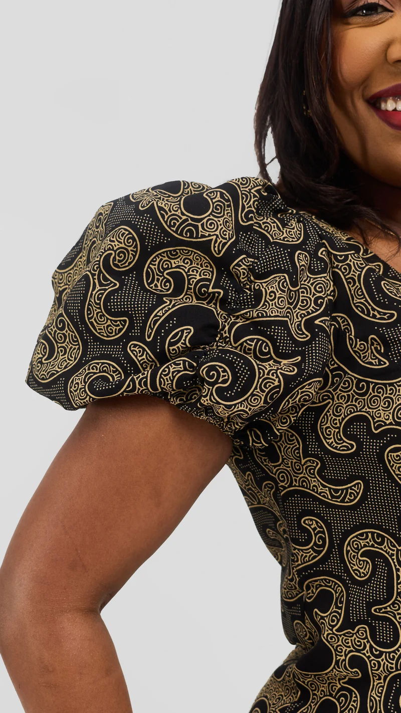 Vivo Puff Sleeeve A-Line Dress in Kitenge -Nyuzi Print