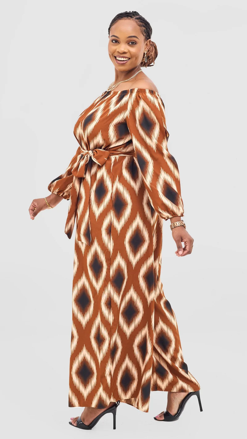 Vivo Yumi Off Shoulder Jumpsuit - Cream / Rust Rumi Print