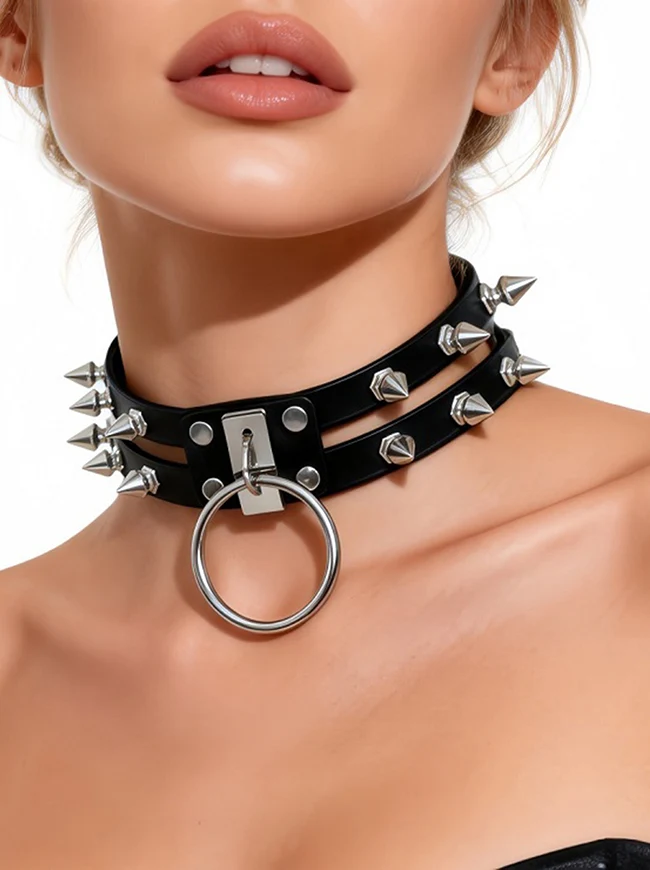 Gothic-Punk-Lederchoker mit Nieten und O-Ring