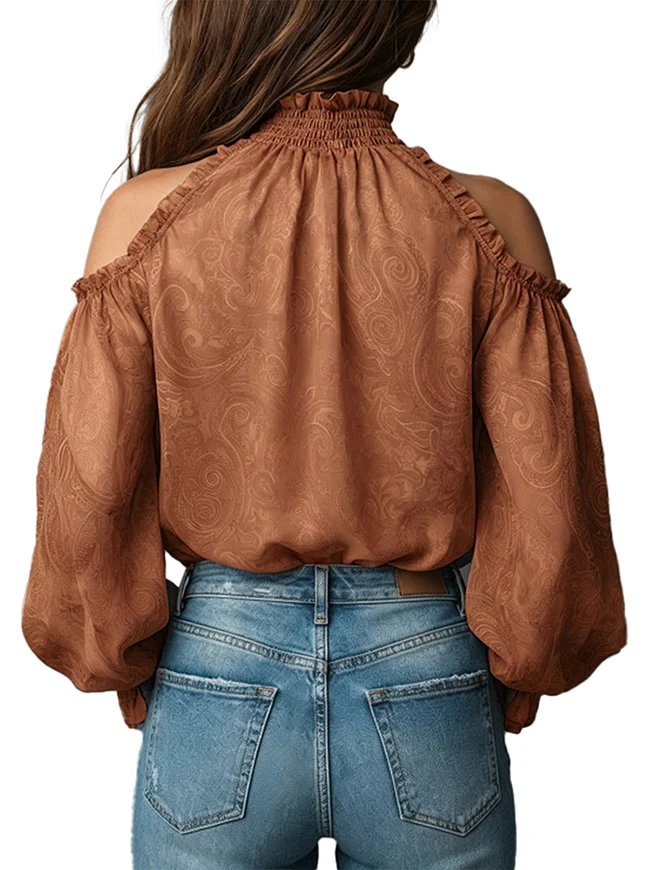Damenbluse aus Chiffon mit Paisley-Muster im Boho-Stil, Stehkragen und Rüschenärmeln, Stehkragen und Rüschenärmeln