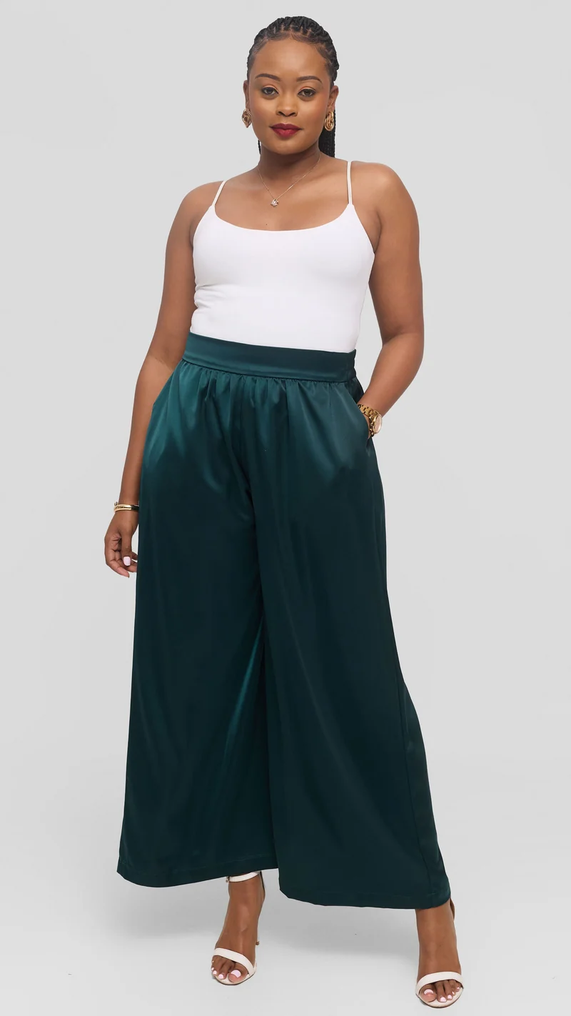 Vivo Gathered Waist Pants in Satin - Dark Green