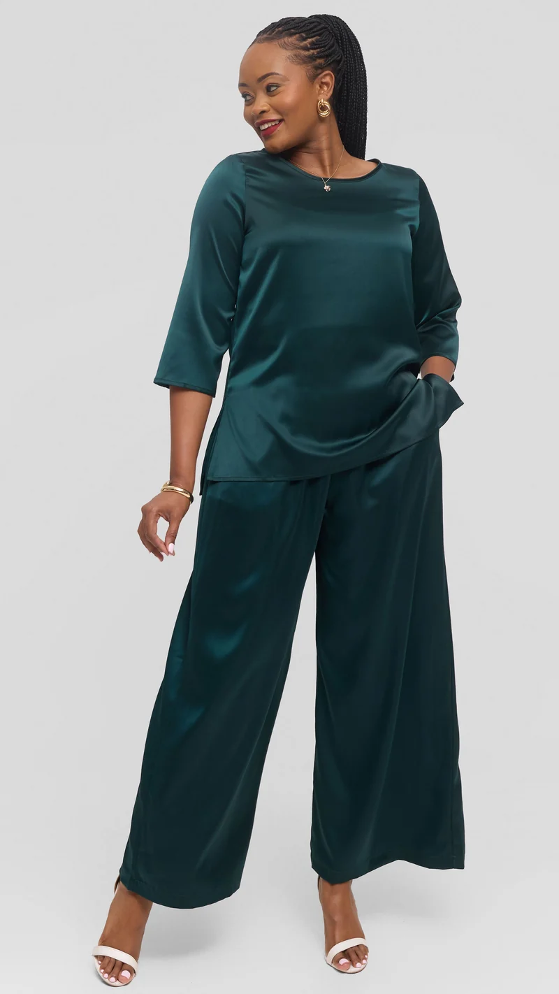 Vivo Gathered Waist Pants in Satin - Dark Green