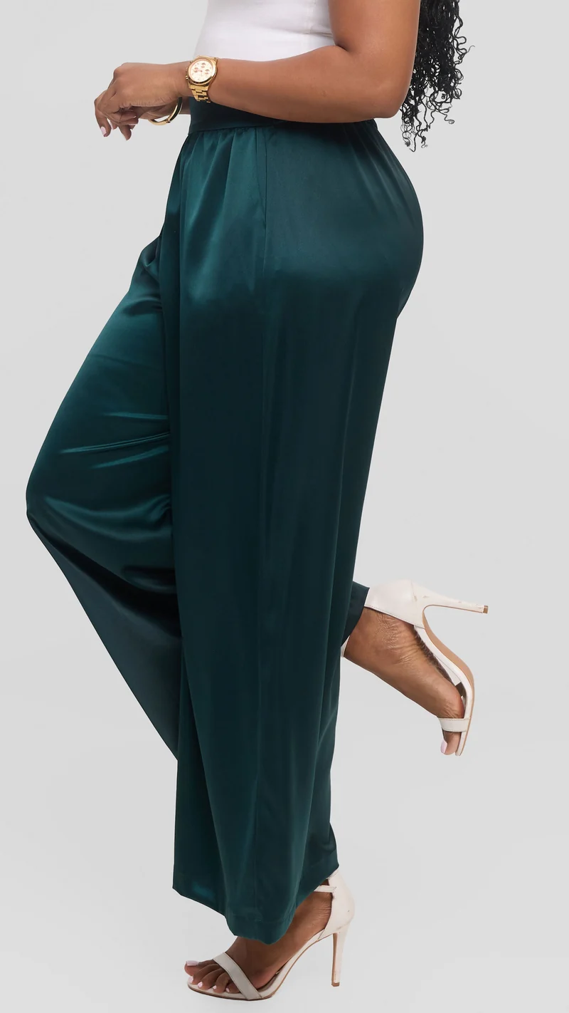 Vivo Gathered Waist Pants in Satin - Dark Green