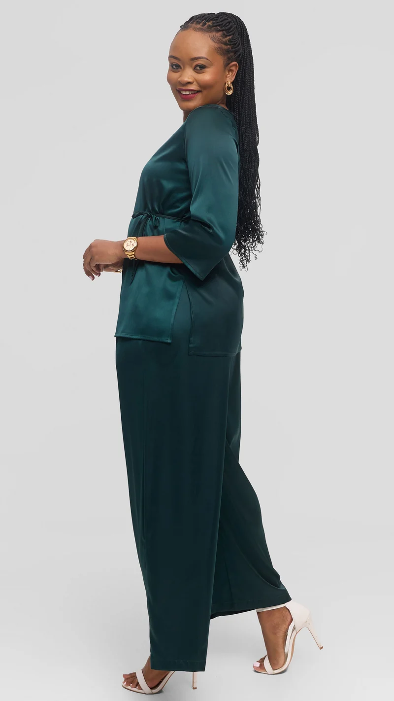 Vivo Gathered Waist Pants in Satin - Dark Green