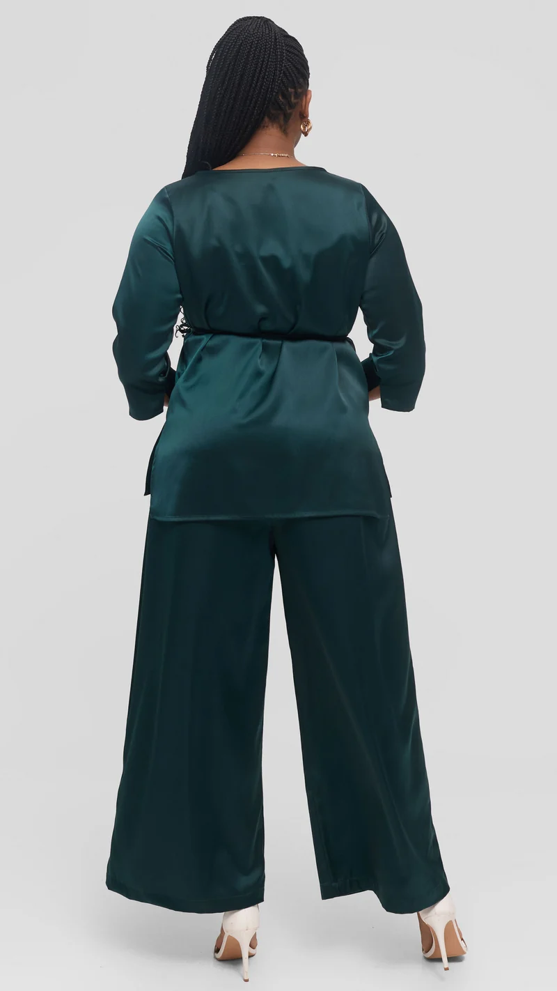Vivo Gathered Waist Pants in Satin - Dark Green