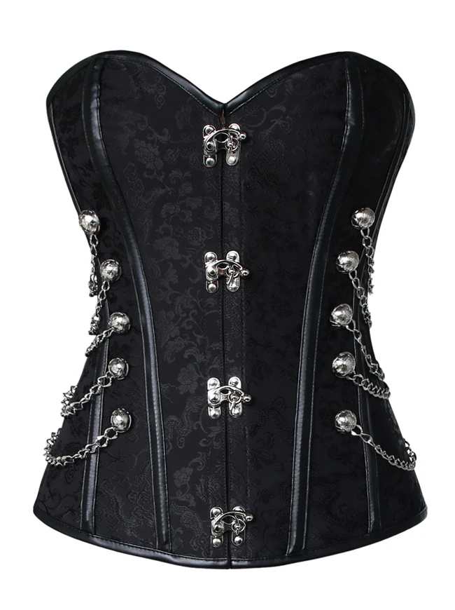 Steampunk-Korsett für Damen, Gothic, Spiralform, Stahlknochen, Brokat, Überbrustkorsett mit Ketten