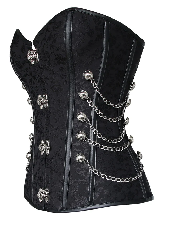 Steampunk-Korsett für Damen, Gothic, Spiralform, Stahlknochen, Brokat, Überbrustkorsett mit Ketten