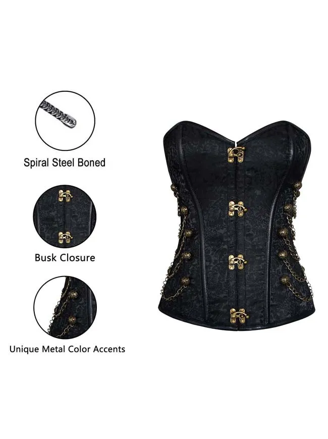 Steampunk-Korsett für Damen, Gothic, Spiralform, Stahlknochen, Brokat, Überbrustkorsett mit Ketten