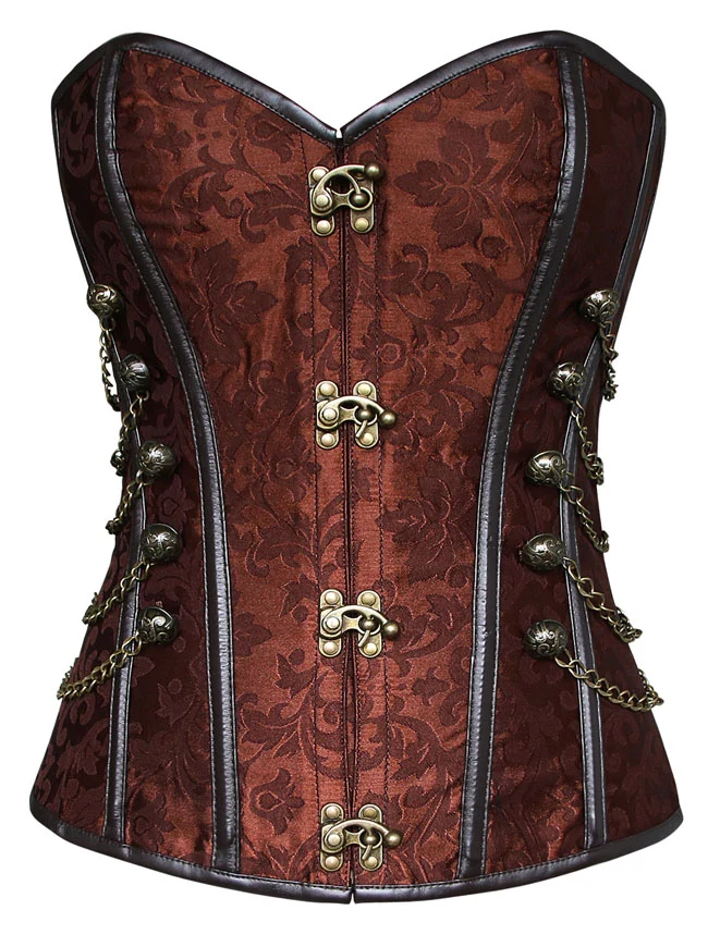 Steampunk-Korsett für Damen, Gothic, Spiralform, Stahlknochen, Brokat, Überbrustkorsett mit Ketten
