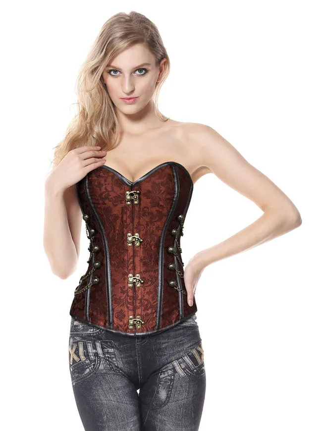 Steampunk-Korsett für Damen, Gothic, Spiralform, Stahlknochen, Brokat, Überbrustkorsett mit Ketten