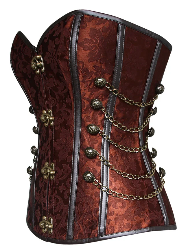 Steampunk-Korsett für Damen, Gothic, Spiralform, Stahlknochen, Brokat, Überbrustkorsett mit Ketten