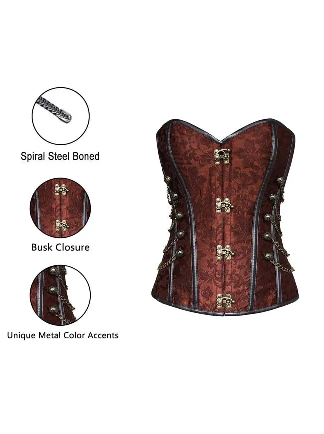 Steampunk-Korsett für Damen, Gothic, Spiralform, Stahlknochen, Brokat, Überbrustkorsett mit Ketten