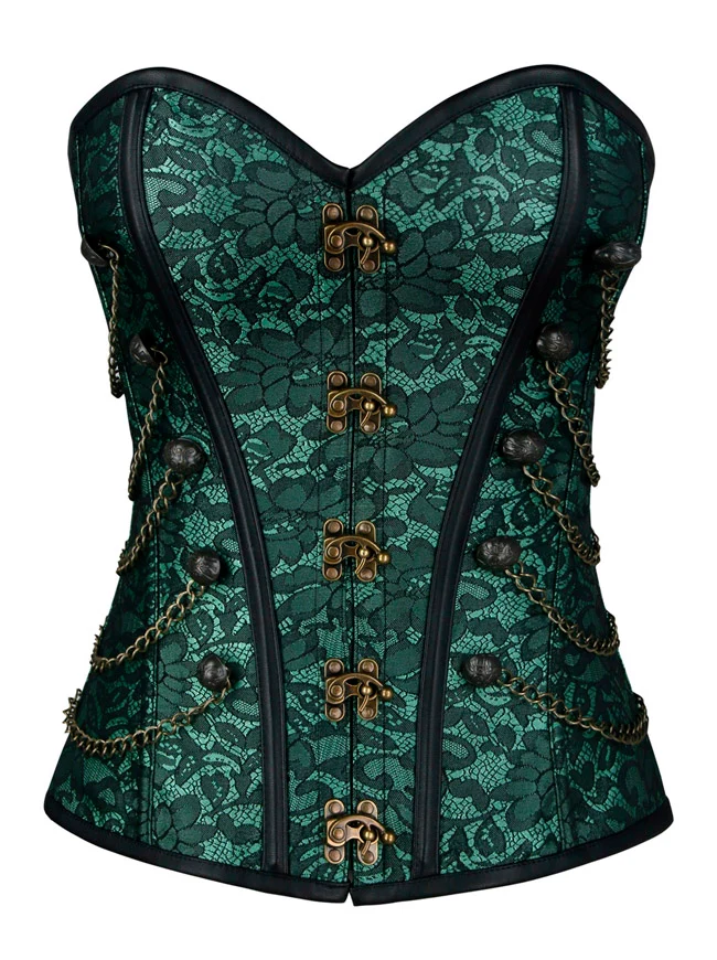 Steampunk-Korsett für Damen, Gothic, Spiralform, Stahlknochen, Brokat, Überbrustkorsett mit Ketten