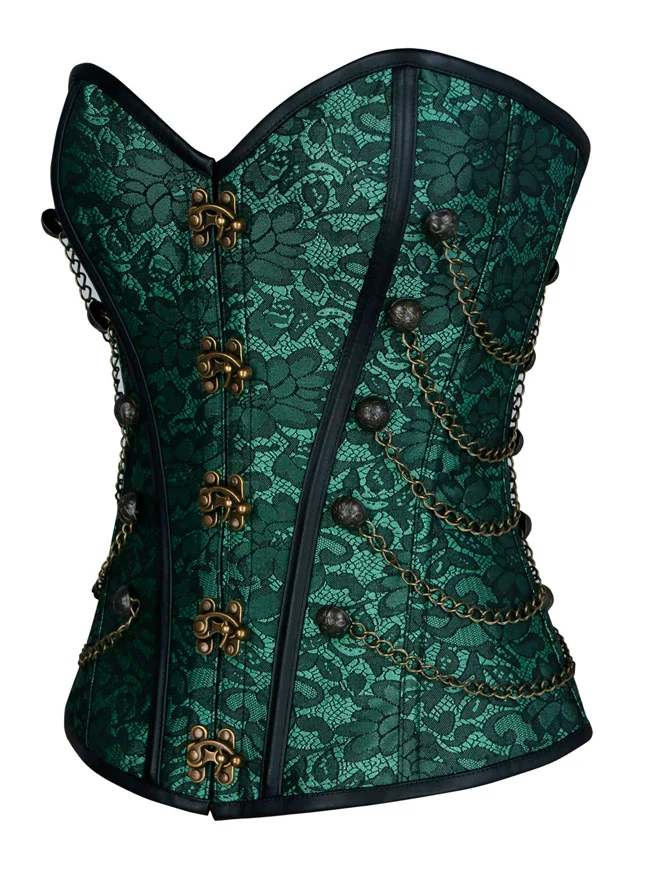 Steampunk-Korsett für Damen, Gothic, Spiralform, Stahlknochen, Brokat, Überbrustkorsett mit Ketten