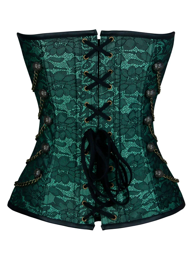 Steampunk-Korsett für Damen, Gothic, Spiralform, Stahlknochen, Brokat, Überbrustkorsett mit Ketten