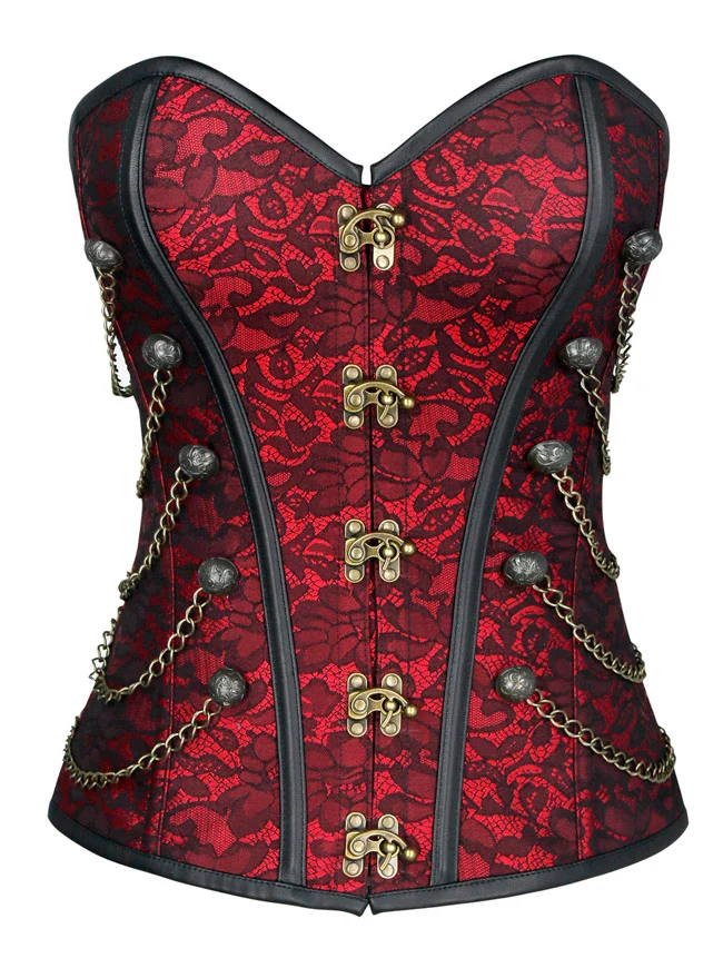 Steampunk-Korsett für Damen, Gothic, Spiralform, Stahlknochen, Brokat, Überbrustkorsett mit Ketten