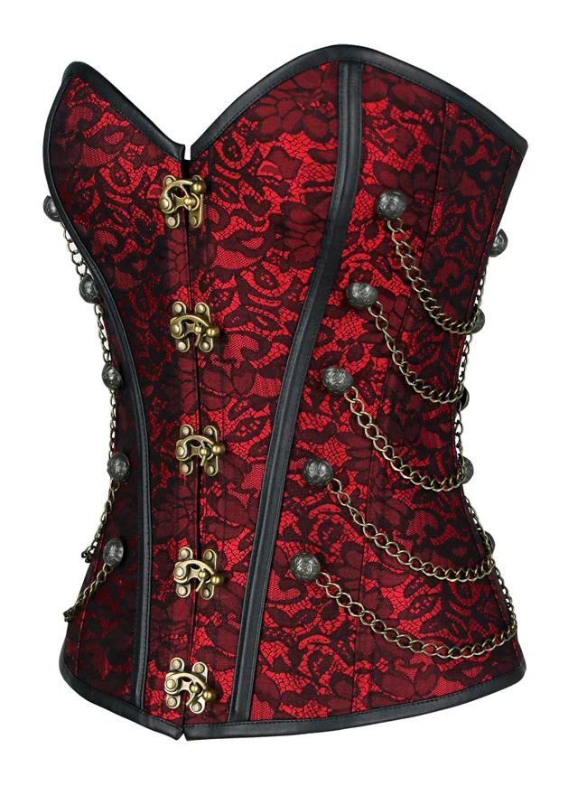 Steampunk-Korsett für Damen, Gothic, Spiralform, Stahlknochen, Brokat, Überbrustkorsett mit Ketten