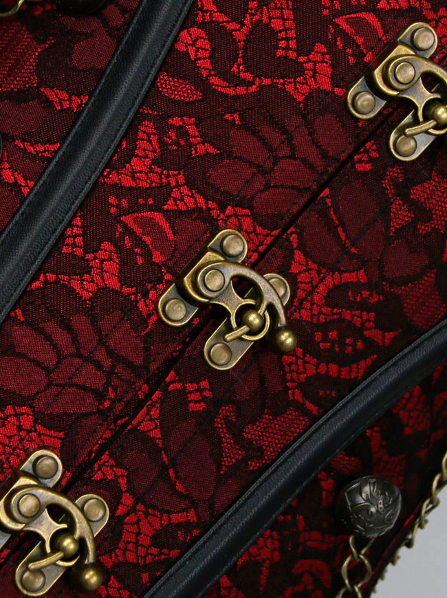 Steampunk-Korsett für Damen, Gothic, Spiralform, Stahlknochen, Brokat, Überbrustkorsett mit Ketten