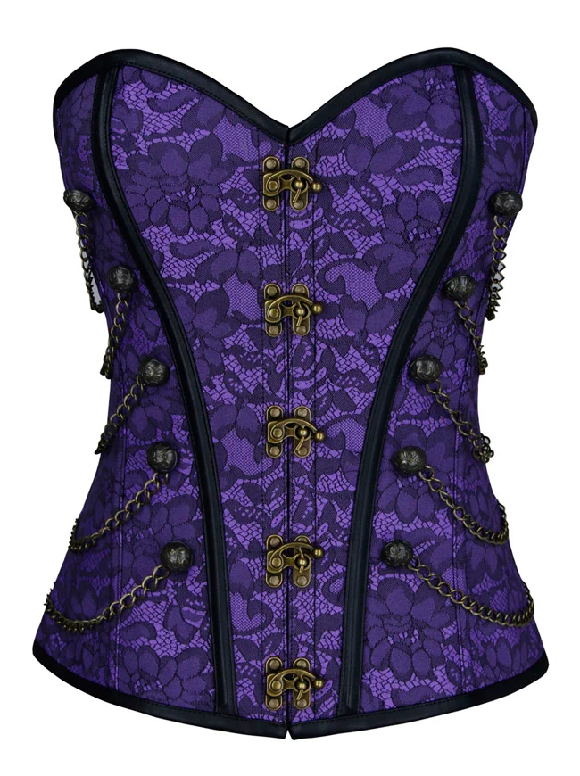 Steampunk-Korsett für Damen, Gothic, Spiralform, Stahlknochen, Brokat, Überbrustkorsett mit Ketten