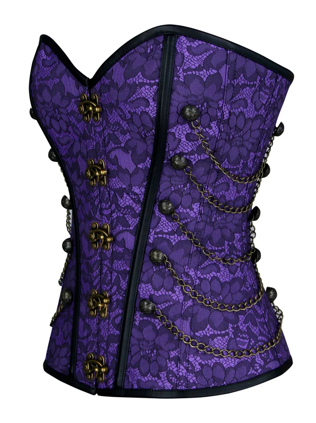 Steampunk-Korsett für Damen, Gothic, Spiralform, Stahlknochen, Brokat, Überbrustkorsett mit Ketten