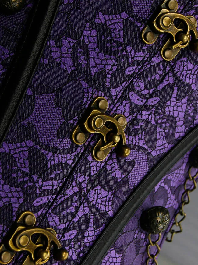 Steampunk-Korsett für Damen, Gothic, Spiralform, Stahlknochen, Brokat, Überbrustkorsett mit Ketten