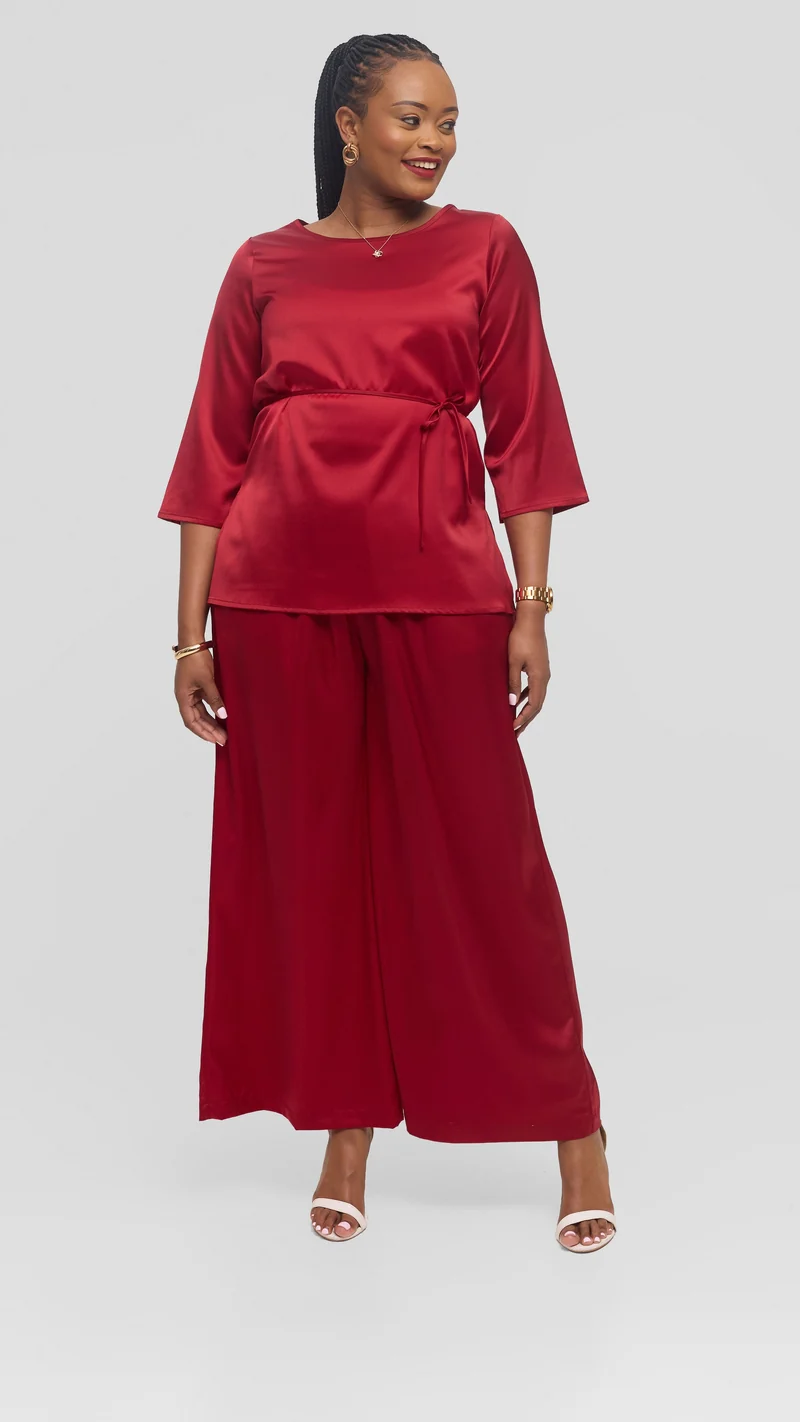 Vivo Gathered Waist Pants in Satin - Dark Red