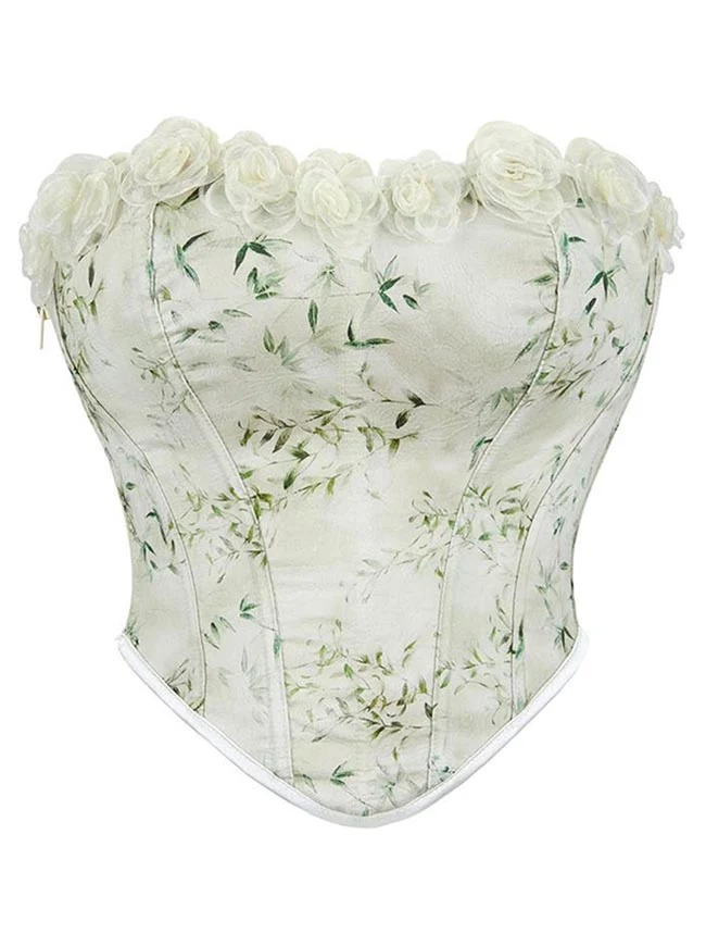 Trägerloses Tube-Top mit Blumenmuster und Spitzenbesatz in Matcha-Optik, Korsett mit Rosenmuster