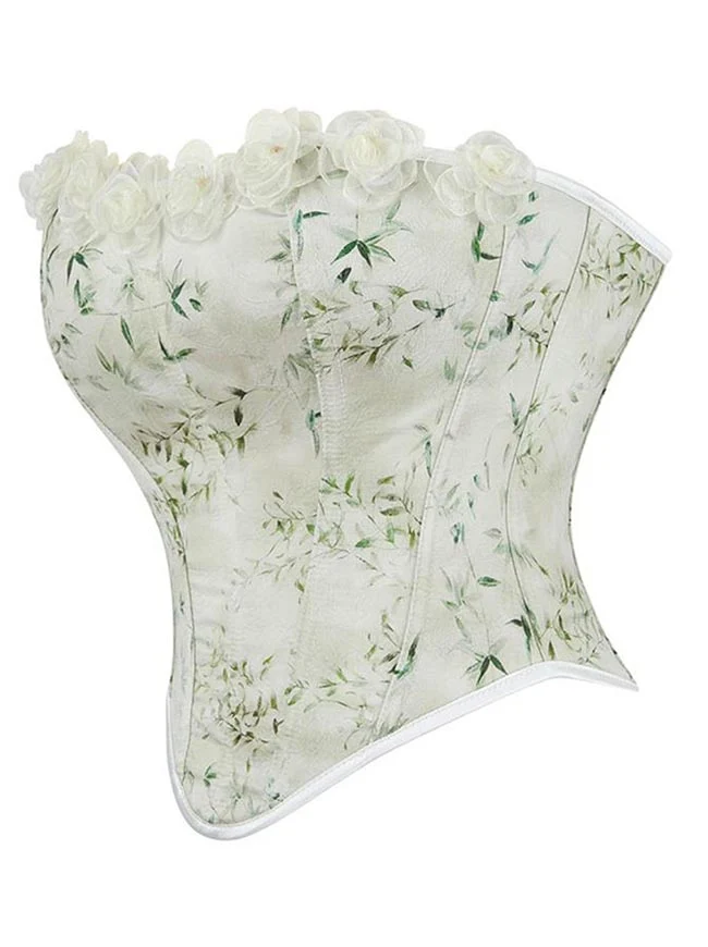 Trägerloses Tube-Top mit Blumenmuster und Spitzenbesatz in Matcha-Optik, Korsett mit Rosenmuster