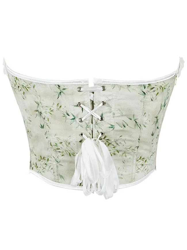 Trägerloses Tube-Top mit Blumenmuster und Spitzenbesatz in Matcha-Optik, Korsett mit Rosenmuster
