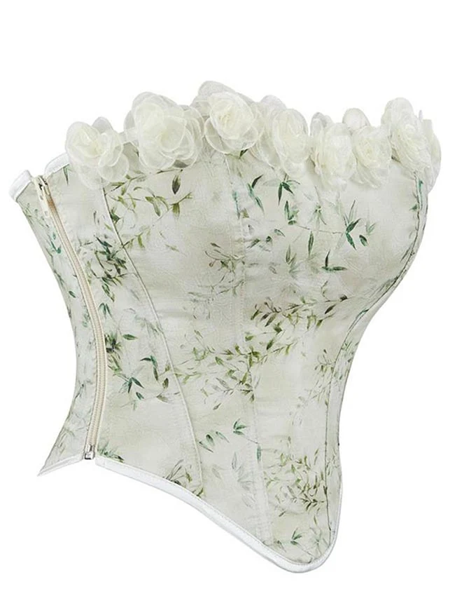 Trägerloses Tube-Top mit Blumenmuster und Spitzenbesatz in Matcha-Optik, Korsett mit Rosenmuster