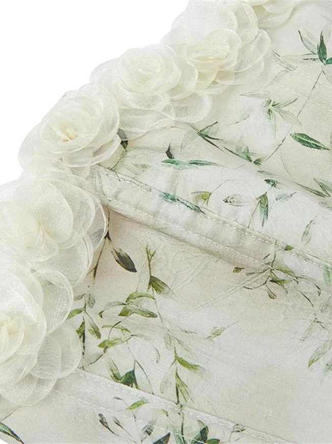 Trägerloses Tube-Top mit Blumenmuster und Spitzenbesatz in Matcha-Optik, Korsett mit Rosenmuster