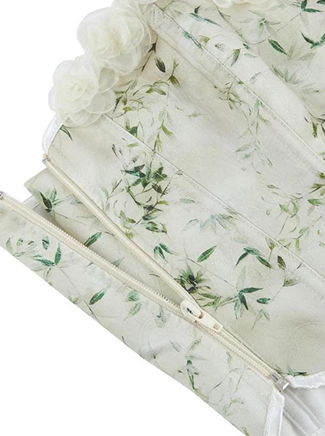 Trägerloses Tube-Top mit Blumenmuster und Spitzenbesatz in Matcha-Optik, Korsett mit Rosenmuster