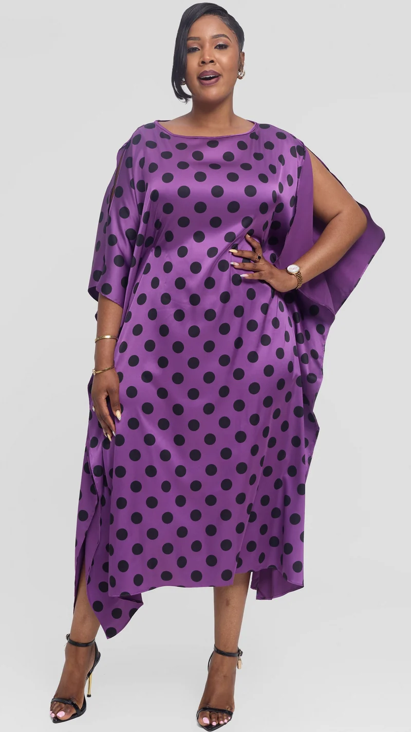 Vivo Asymmetrical Dolman Dress in Satin - Purple / Black Polka Dot