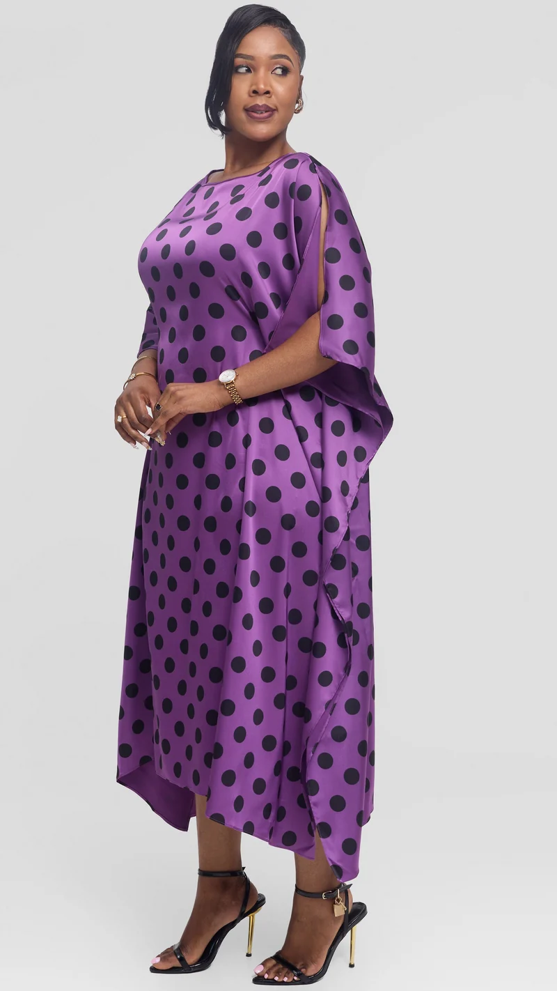 Vivo Asymmetrical Dolman Dress in Satin - Purple / Black Polka Dot